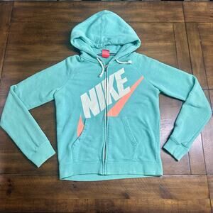 Nike Womens Full Zip Hoodie Turquoise Oversized Logo Sweatshirt Size Small
